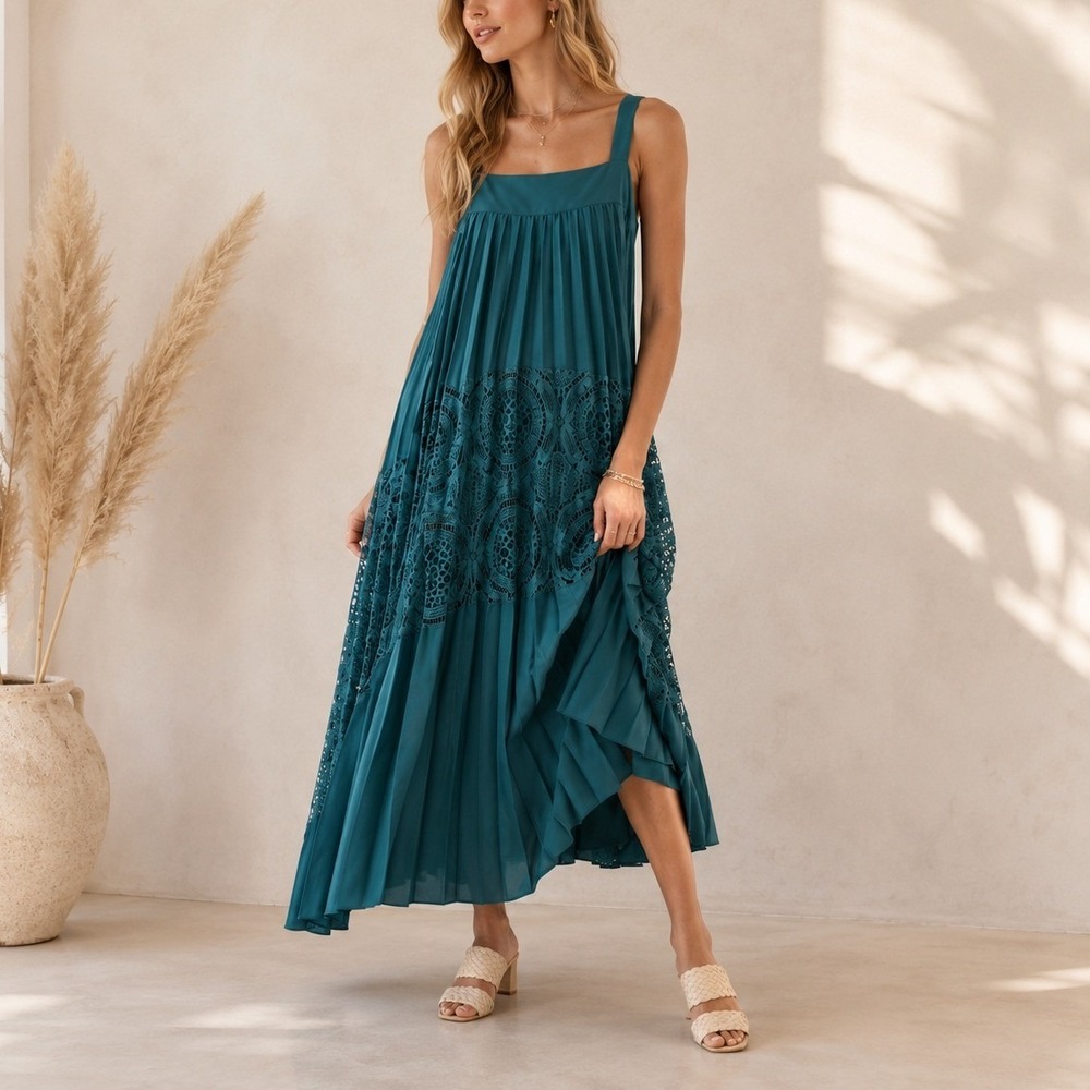 Geisha Designs Pleated Maxi Dress XSP Teal‎ Blue Lace Square Neck Boho